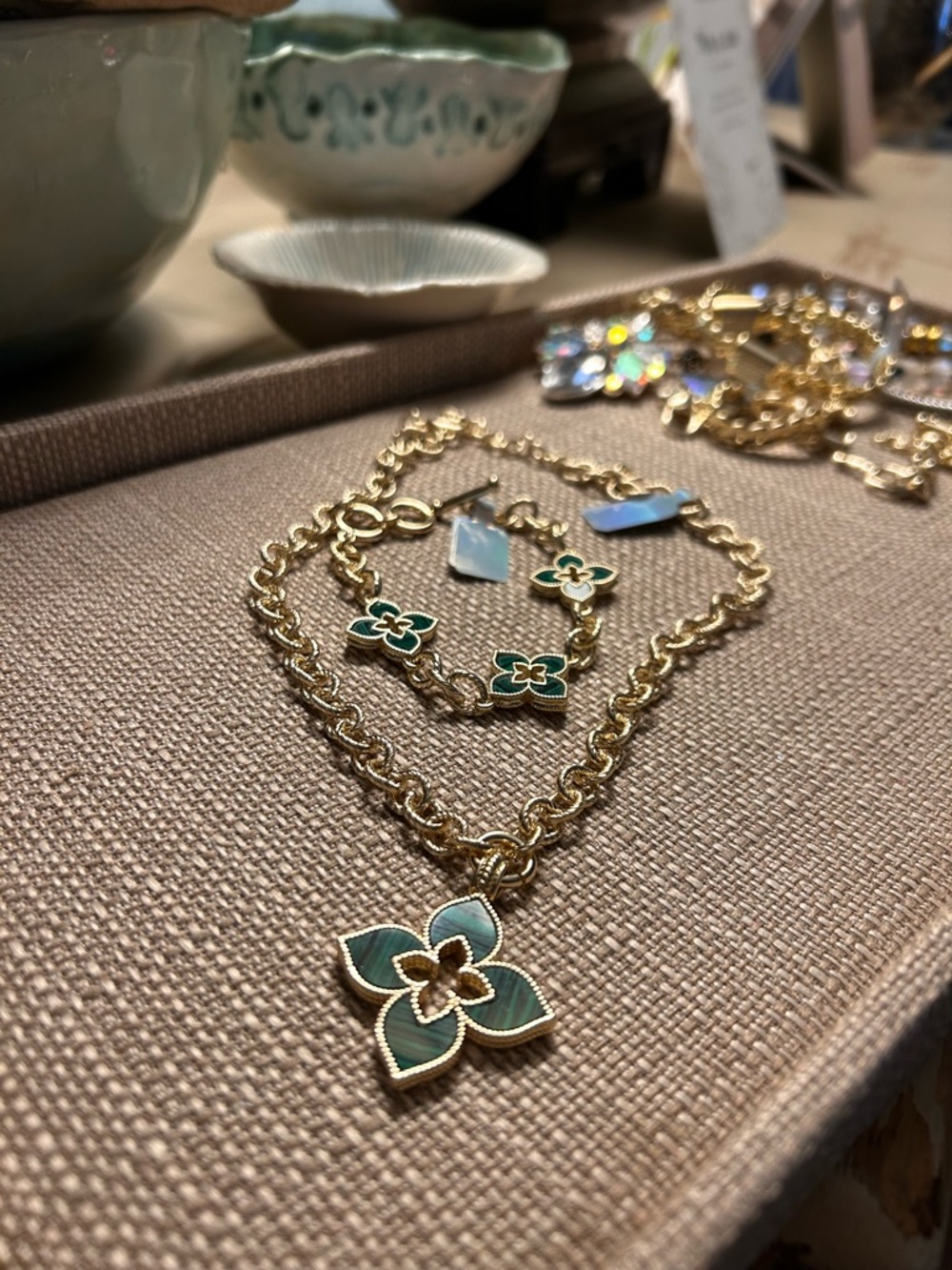 Gold-Tone Green Enamel Floral Pendant Necklace and Bracelet Set